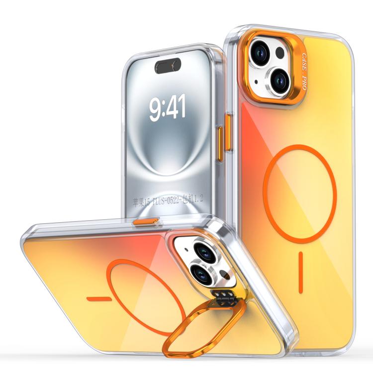 

For iPhone 15 Plus Gradient Discolor Lens Kickstand Magsafe Phone Case(Orange)