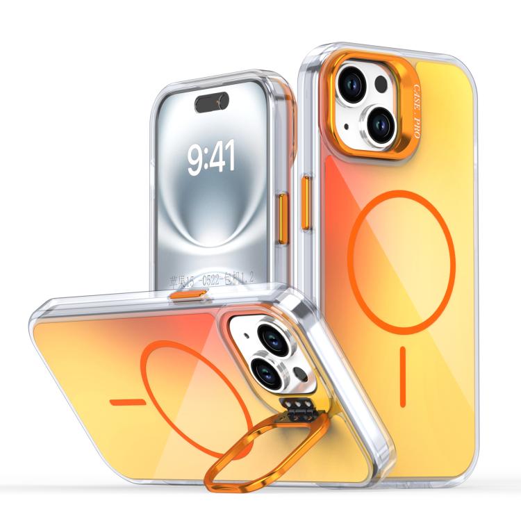 

For iPhone 15 Gradient Discolor Lens Kickstand Magsafe Phone Case(Orange)