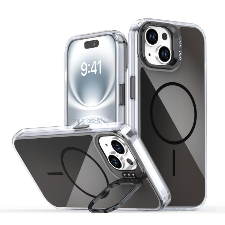 

For iPhone 15 Gradient Discolor Lens Kickstand Magsafe Phone Case(Black)