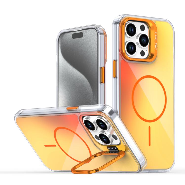 

For iPhone 14 Pro Max Gradient Discolor Lens Kickstand Magsafe Phone Case(Orange)