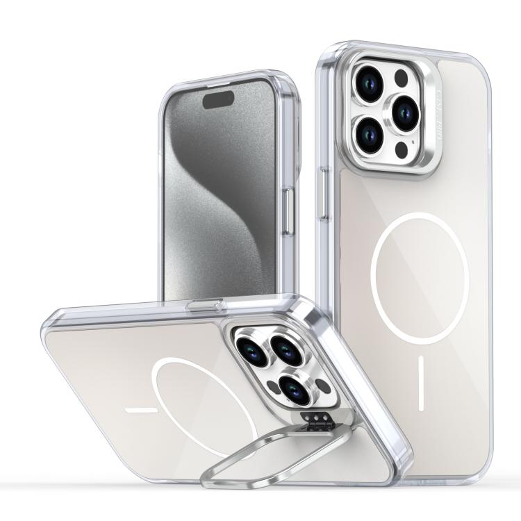 

For iPhone 14 Pro Gradient Discolor Lens Kickstand Magsafe Phone Case(White)