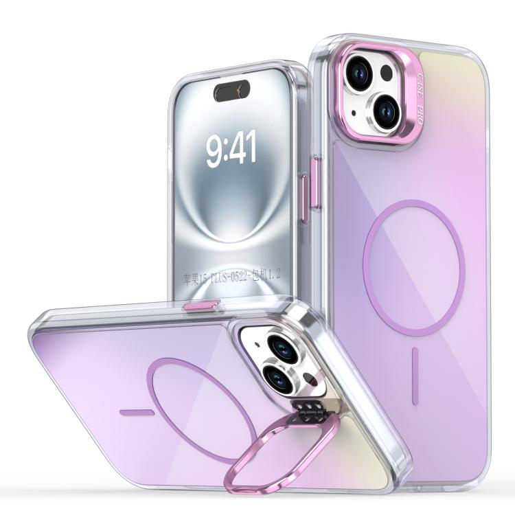 

For iPhone 14 Plus Gradient Discolor Lens Kickstand Magsafe Phone Case(Purple)
