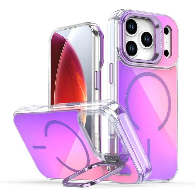 

For iPhone 17 Pro Gradient Discolor Lens Kickstand Magsafe Phone Case(Purple)