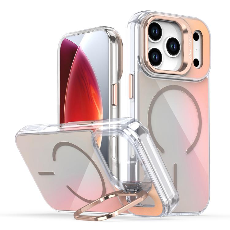 

For iPhone 17 Pro Gradient Discolor Lens Kickstand Magsafe Phone Case(Desert Gold)