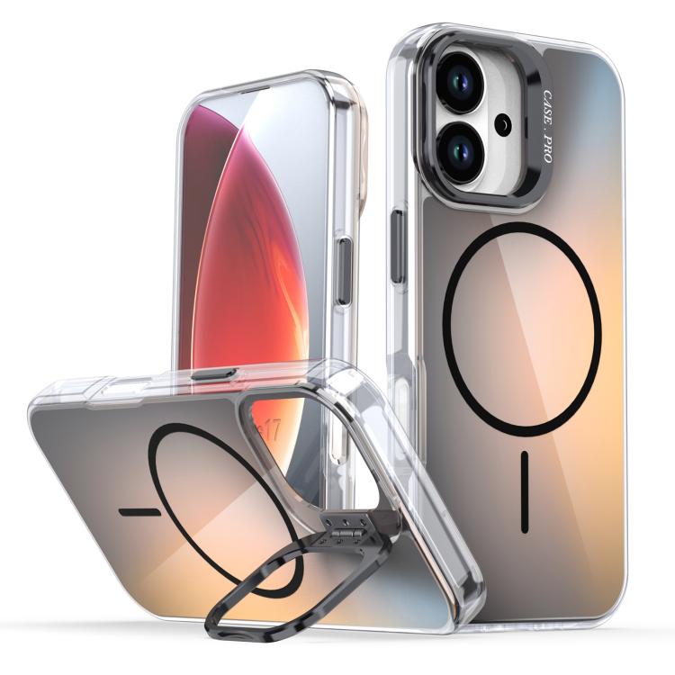 

For iPhone 17 Gradient Discolor Lens Kickstand Magsafe Phone Case(Black)