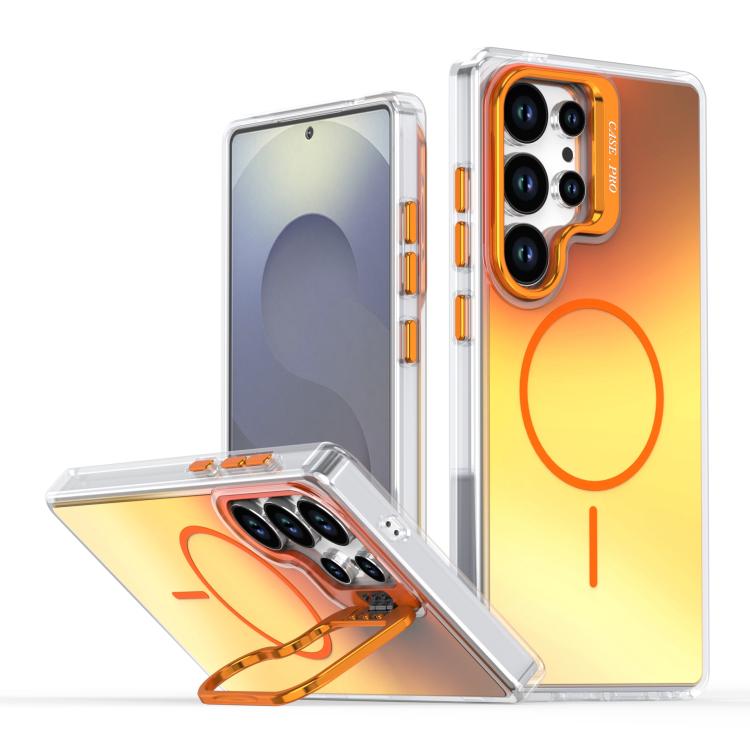 

For Samsung Galaxy S24 Ultra 5G Gradient Discolor Lens Kickstand Magsafe Phone Case(Orange)