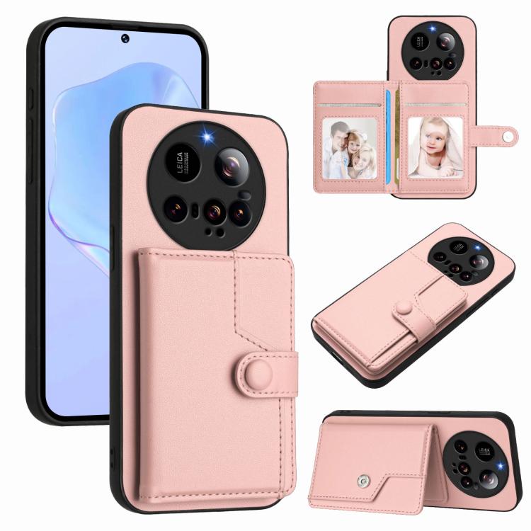 

For Xiaomi 15 Ultra Button Card Bag RFID Anti-theft Phone Case(Pink)