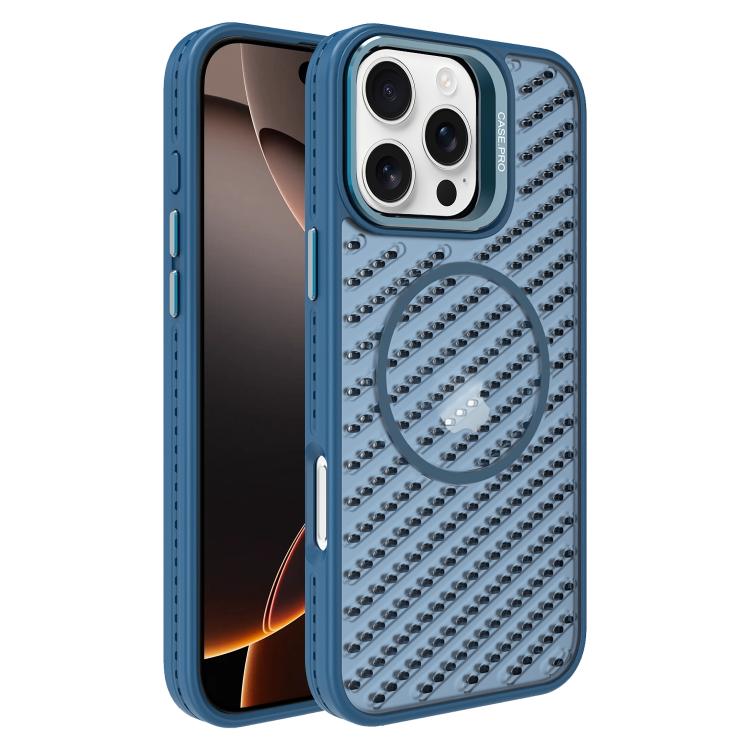 

For iPhone 16 Pro O-Shape Hollow Cooling Lens Holder MagSafe Phone Case(Blue)