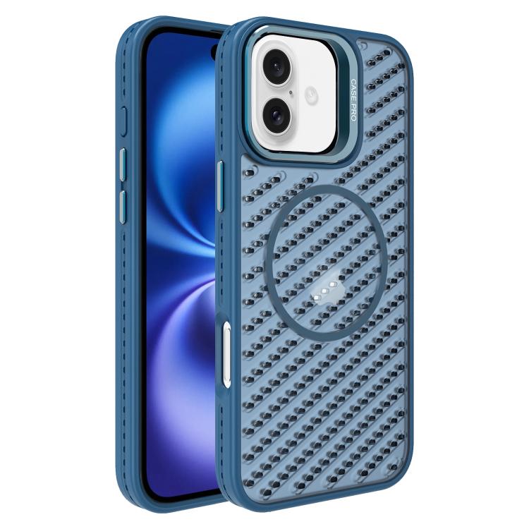 

For iPhone 16 O-Shape Hollow Cooling Lens Holder MagSafe Phone Case(Blue)