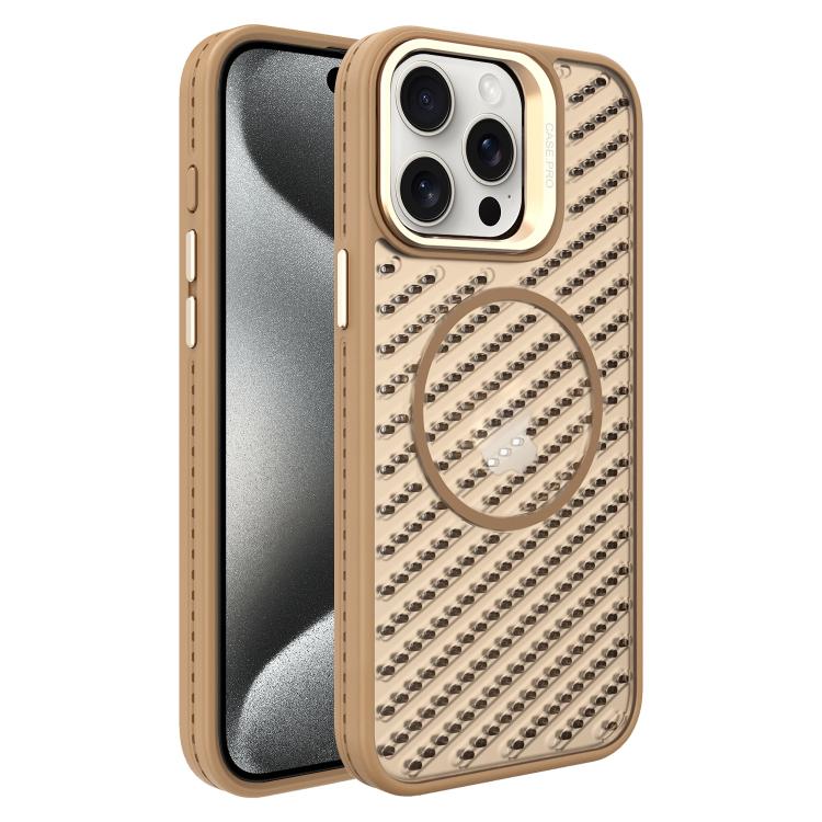 

For iPhone 15 Pro Max O-Shape Hollow Cooling Lens Holder MagSafe Phone Case(Gold)