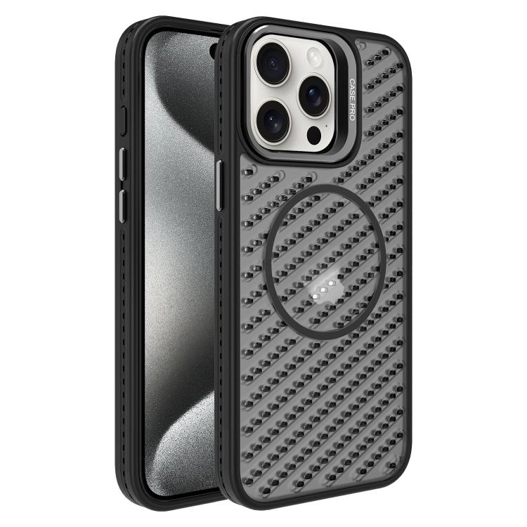 

For iPhone 15 Pro O-Shape Hollow Cooling Lens Holder MagSafe Phone Case(Black)