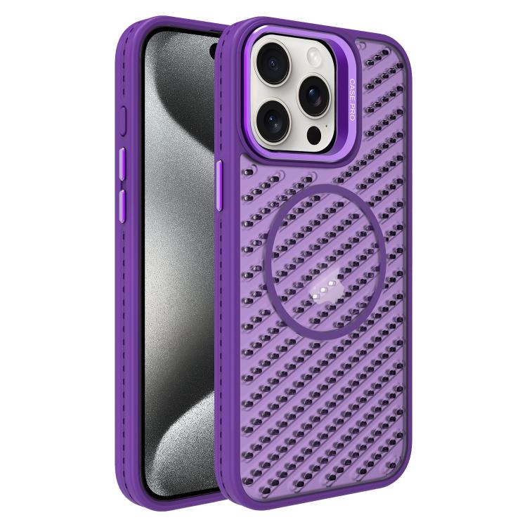 

For iPhone 15 Pro O-Shape Hollow Cooling Lens Holder MagSafe Phone Case(Deep Purple)