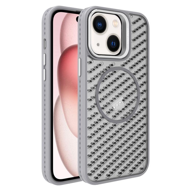 

For iPhone 15 Plus O-Shape Hollow Cooling Lens Holder MagSafe Phone Case(Grey)