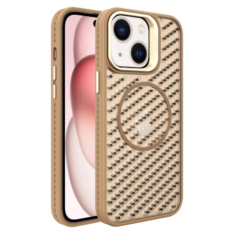 

For iPhone 15 Plus O-Shape Hollow Cooling Lens Holder MagSafe Phone Case(Gold)