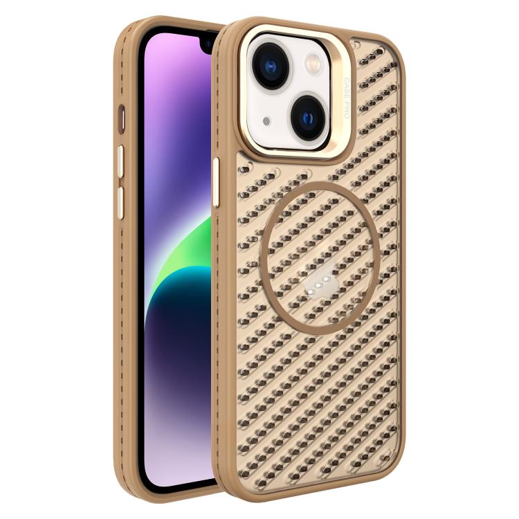 

For iPhone 14 Plus O-Shape Hollow Cooling Lens Holder MagSafe Phone Case(Gold)