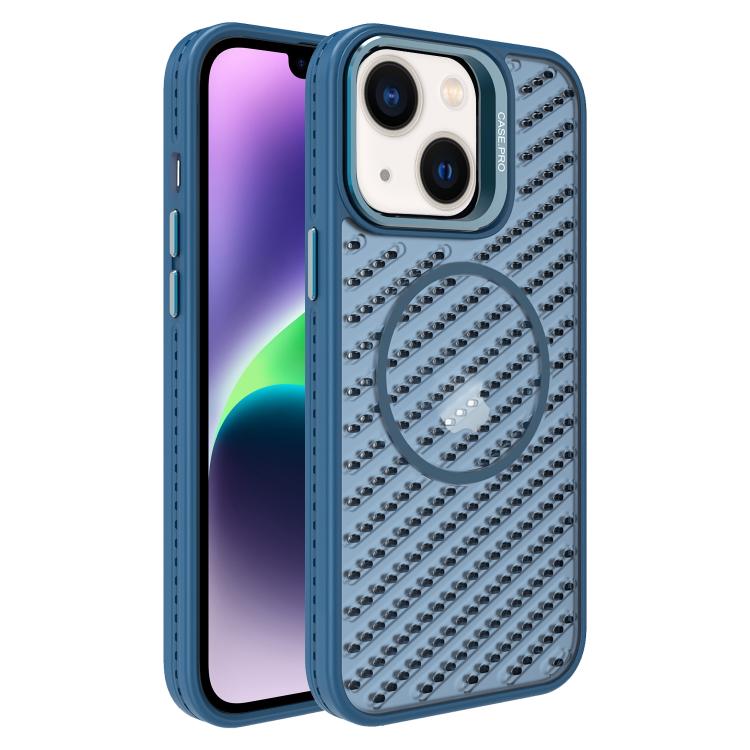 

For iPhone 14 O-Shape Hollow Cooling Lens Holder MagSafe Phone Case(Blue)