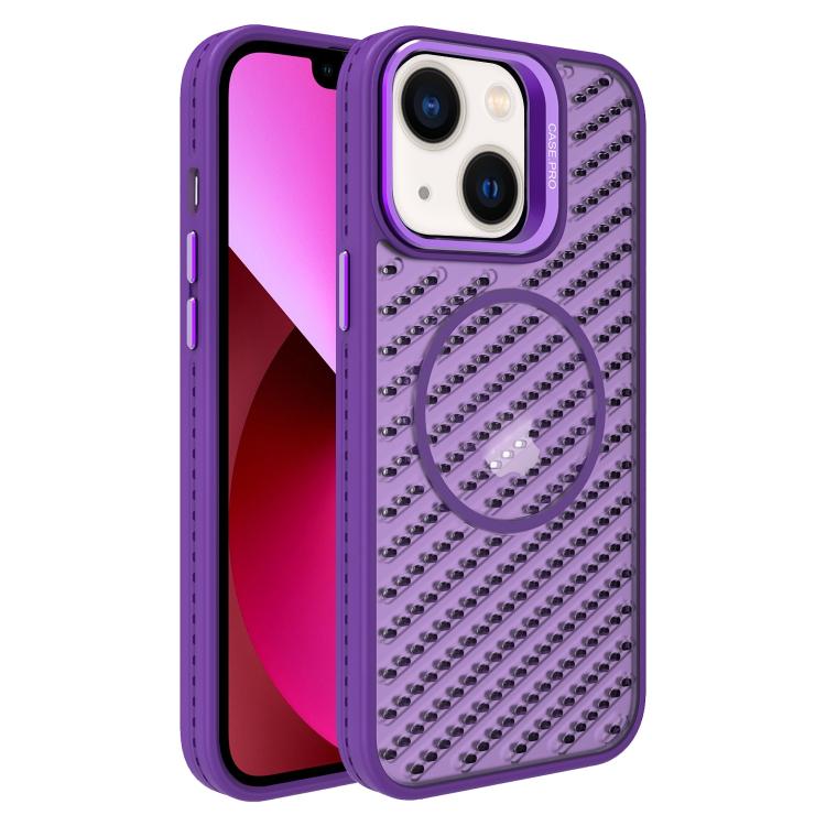 

For iPhone 13 O-Shape Hollow Cooling Lens Holder MagSafe Phone Case(Deep Purple)