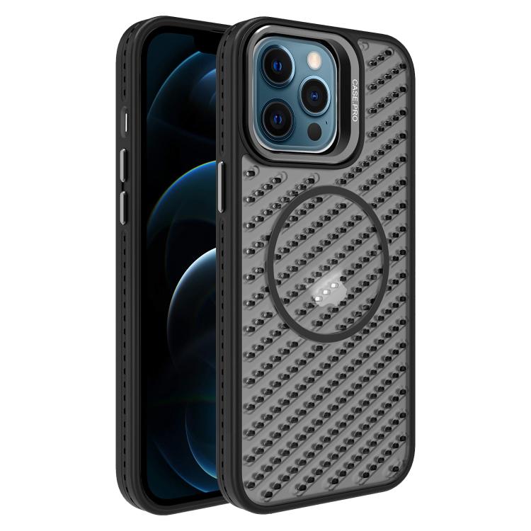 

For iPhone 12 Pro Max O-Shape Hollow Cooling Lens Holder MagSafe Phone Case(Black)