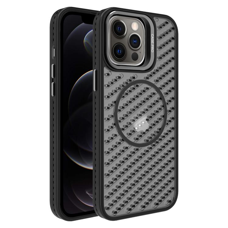 

For iPhone 12 Pro O-Shape Hollow Cooling Lens Holder MagSafe Phone Case(Black)