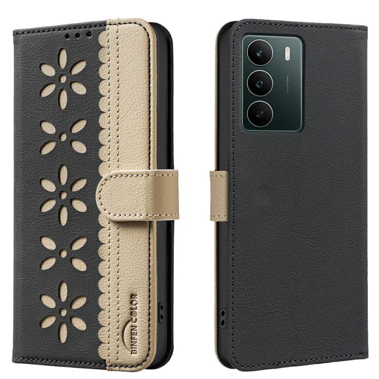 

For Realme C71 4G Global Splicing Color Hollow Flower Pattern RFID Leather Phone Case(Black)