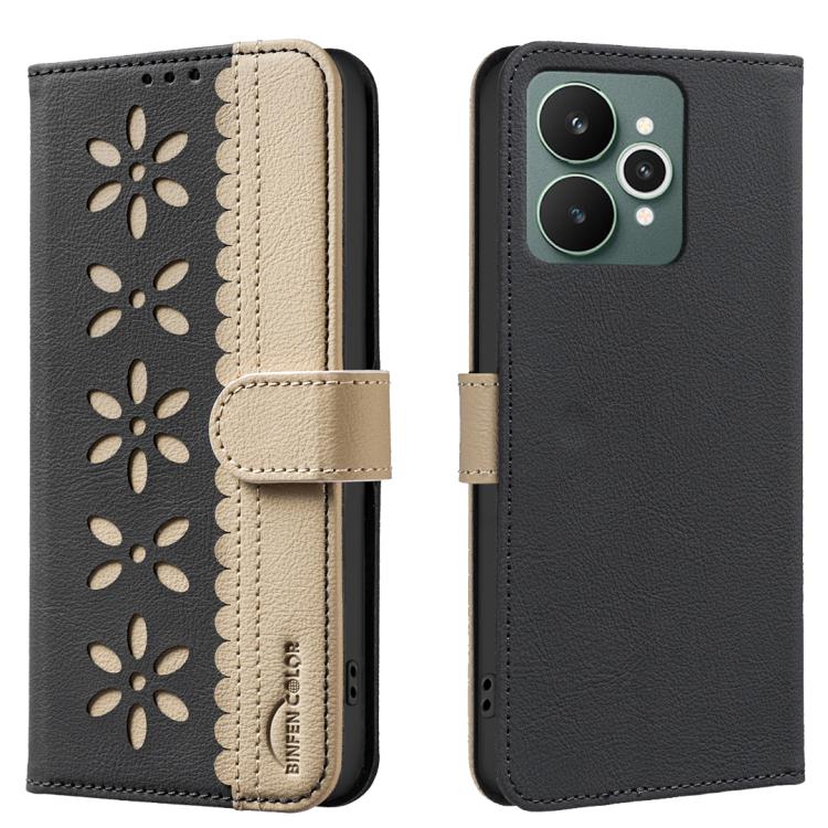 

For Realme 15 Pro 5G Splicing Color Hollow Flower Pattern RFID Leather Phone Case(Black)