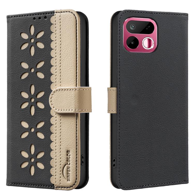 

For Realme 16T 5G Splicing Color Hollow Flower Pattern RFID Leather Phone Case(Black)