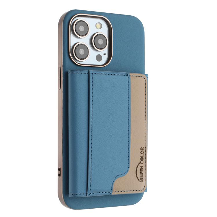 

For iPhone 15 Pro Colour Matching Horizontal Magnetic Card Bag RFID MagSafe Phone Case(Baby Blue)