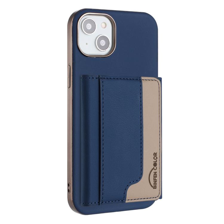 

For iPhone 14 Plus Colour Matching Horizontal Magnetic Card Bag RFID MagSafe Phone Case(Dark Blue)