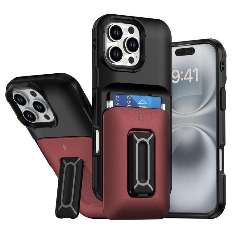 

For iPhone 16 Pro Max Sliding Card Holder Integrated Phone Case with Kickstand(Black Red)