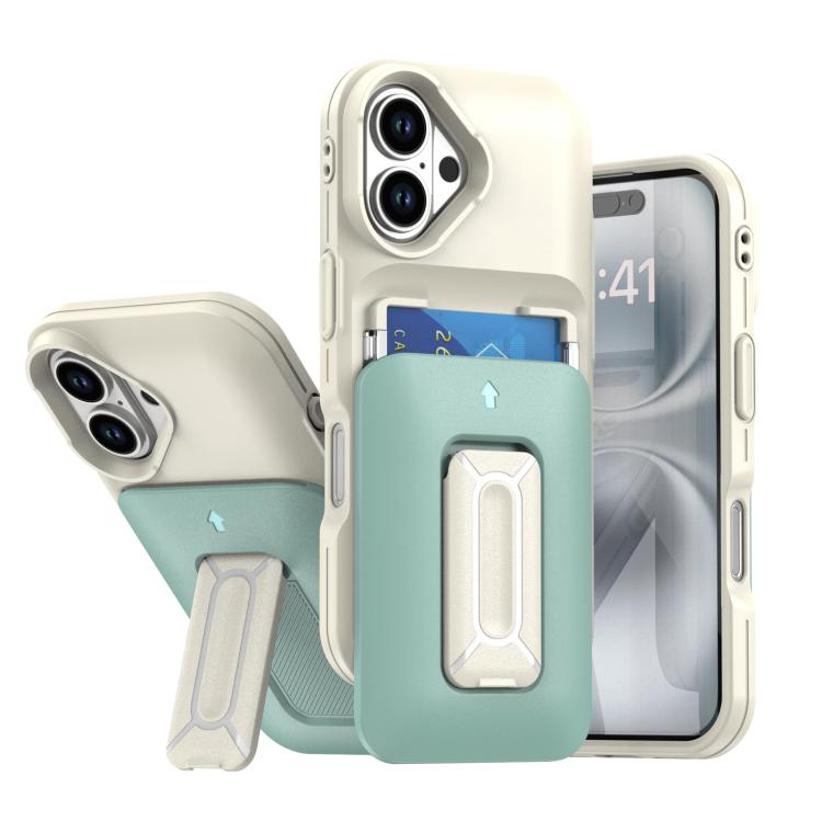 

For iPhone 16 Plus Sliding Card Holder Integrated Phone Case with Kickstand(Beige Green)