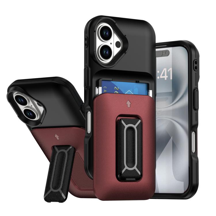 

For iPhone 16 Sliding Card Holder Integrated Phone Case with Kickstand(Black Red)