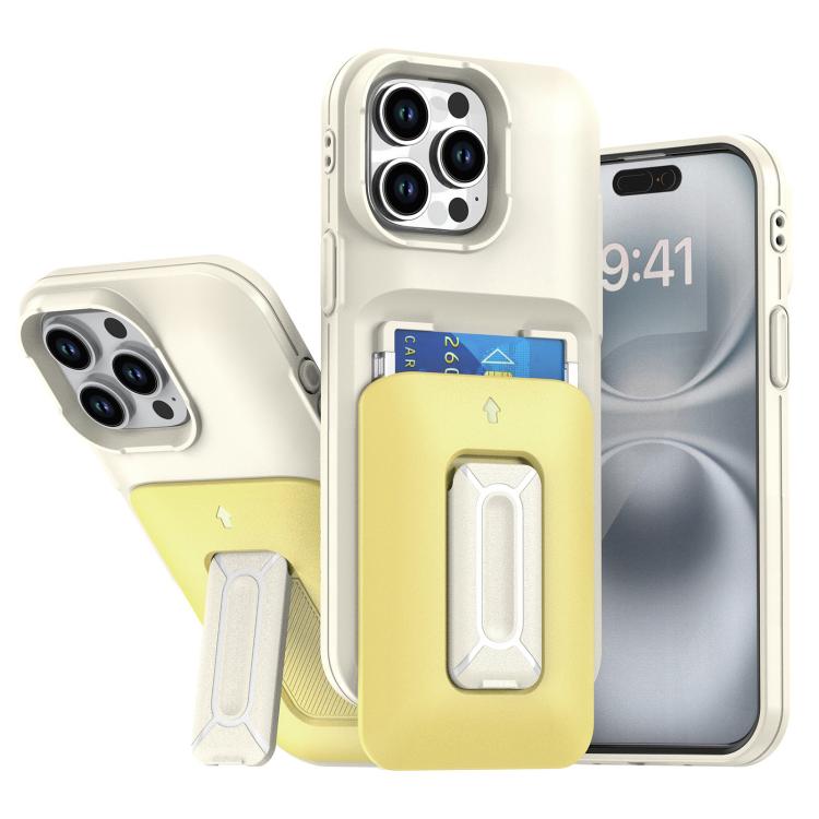 

For iPhone 15 Pro Max Sliding Card Holder Integrated Phone Case with Kickstand(Beige Yellow)