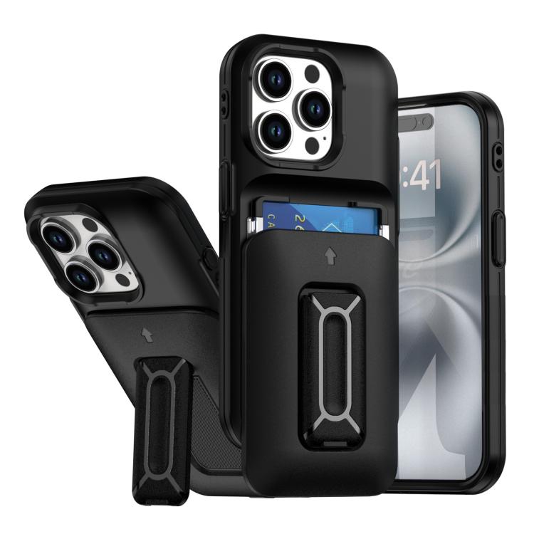 

For iPhone 15 Pro Sliding Card Holder Integrated Phone Case with Kickstand(Black)