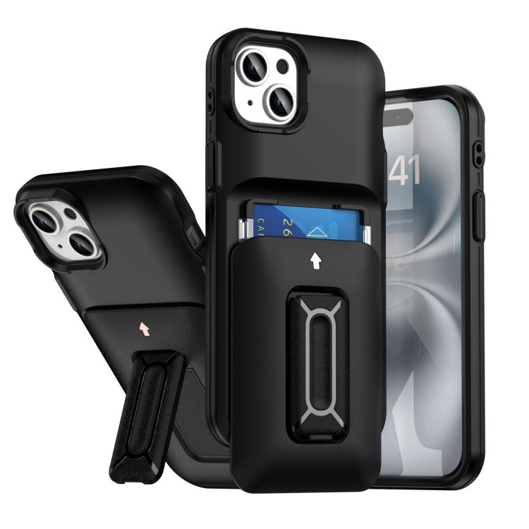 

For iPhone 15 Plus / 14 Plus Sliding Card Holder Integrated Phone Case with Kickstand(Black)