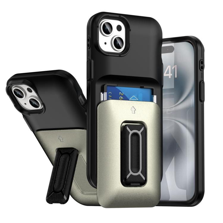 

For iPhone 15 Plus / 14 Plus Sliding Card Holder Integrated Phone Case with Kickstand(Black Gold)