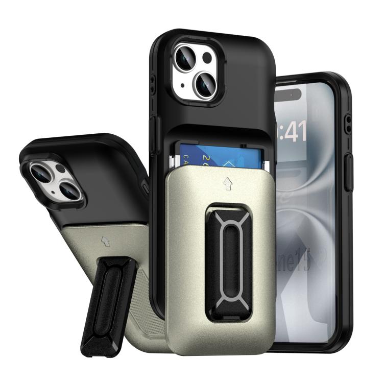 

For iPhone 15 Sliding Card Holder Integrated Phone Case with Kickstand(Black Gold)