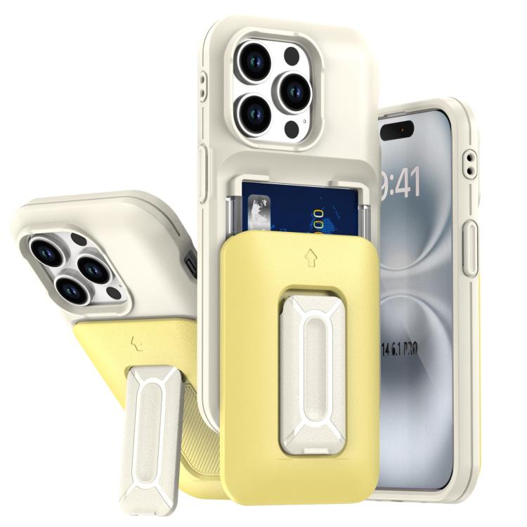 

For iPhone 14 Pro Sliding Card Holder Integrated Phone Case with Kickstand(Beige Yellow)