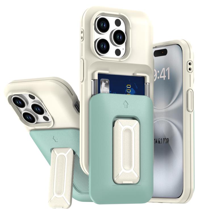 

For iPhone 14 Pro Sliding Card Holder Integrated Phone Case with Kickstand(Beige Green)