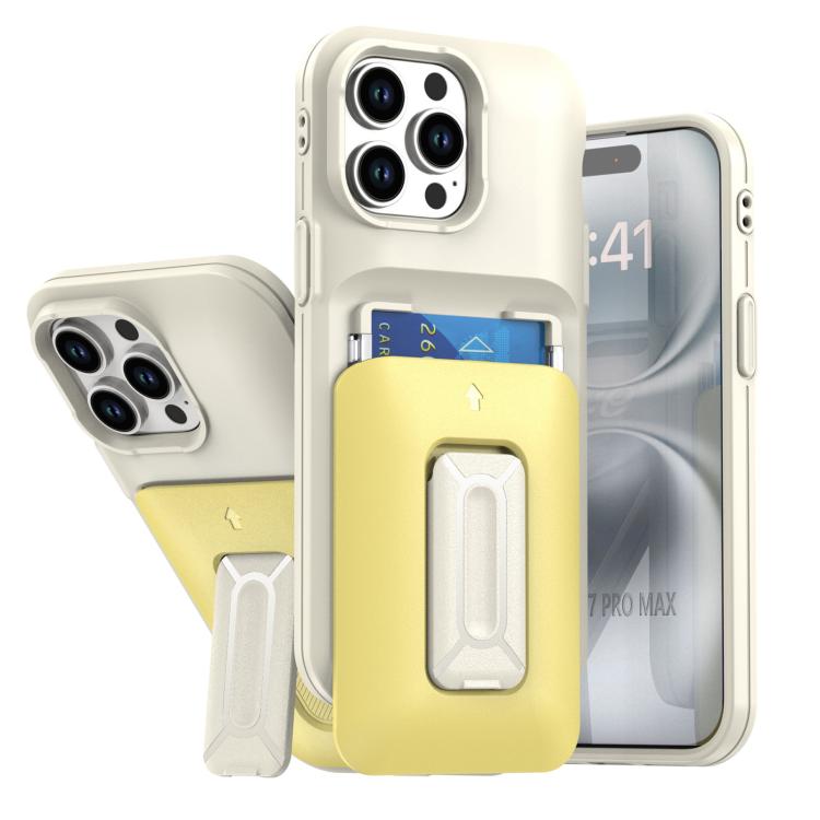 

For iPhone 14 Pro Max Sliding Card Holder Integrated Phone Case with Kickstand(Beige Yellow)