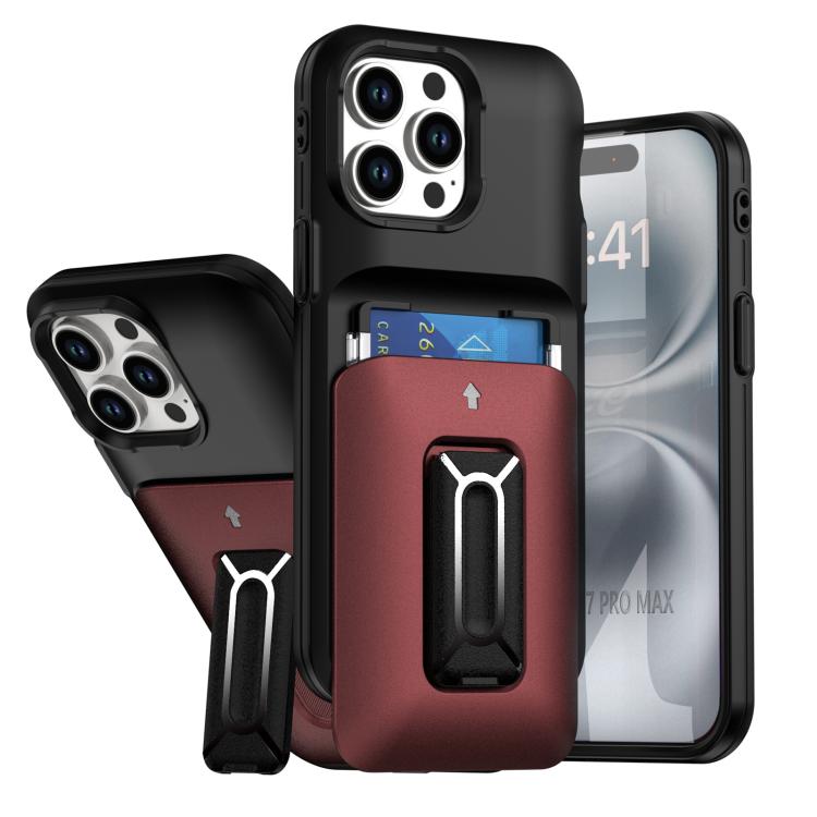 

For iPhone 14 Pro Max Sliding Card Holder Integrated Phone Case with Kickstand(Black Red)