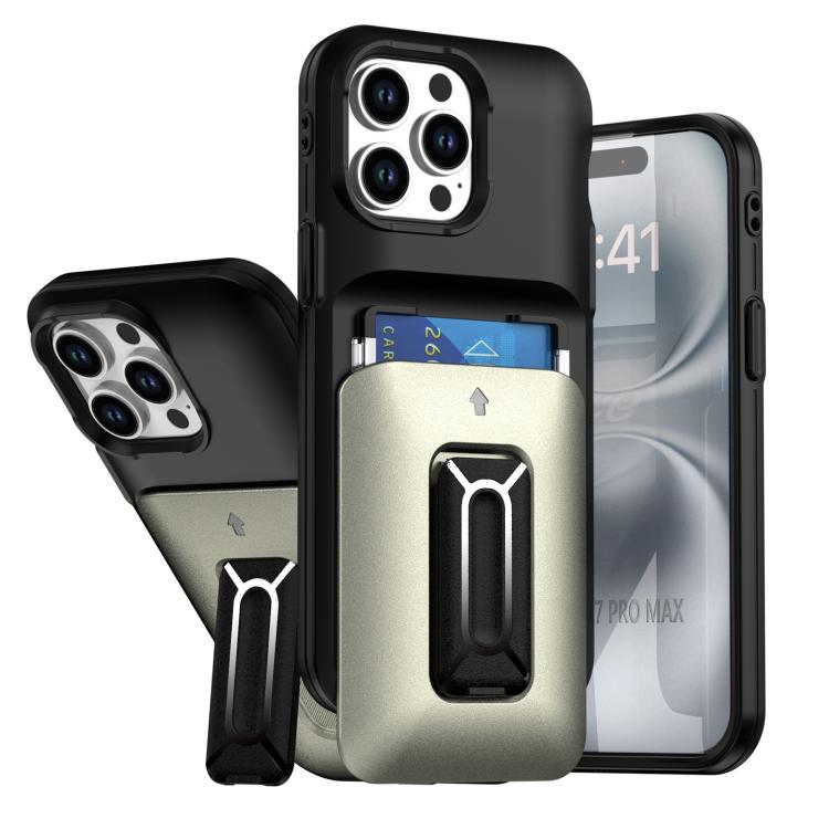 

For iPhone 13 Pro Max Sliding Card Holder Integrated Phone Case with Kickstand(Black Gold)