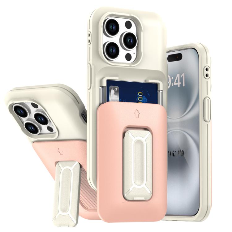 

For iPhone 13 Pro Sliding Card Holder Integrated Phone Case with Kickstand(Beige Pink)