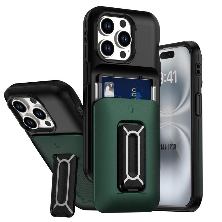 

For iPhone 13 Pro Sliding Card Holder Integrated Phone Case with Kickstand(Black Green)