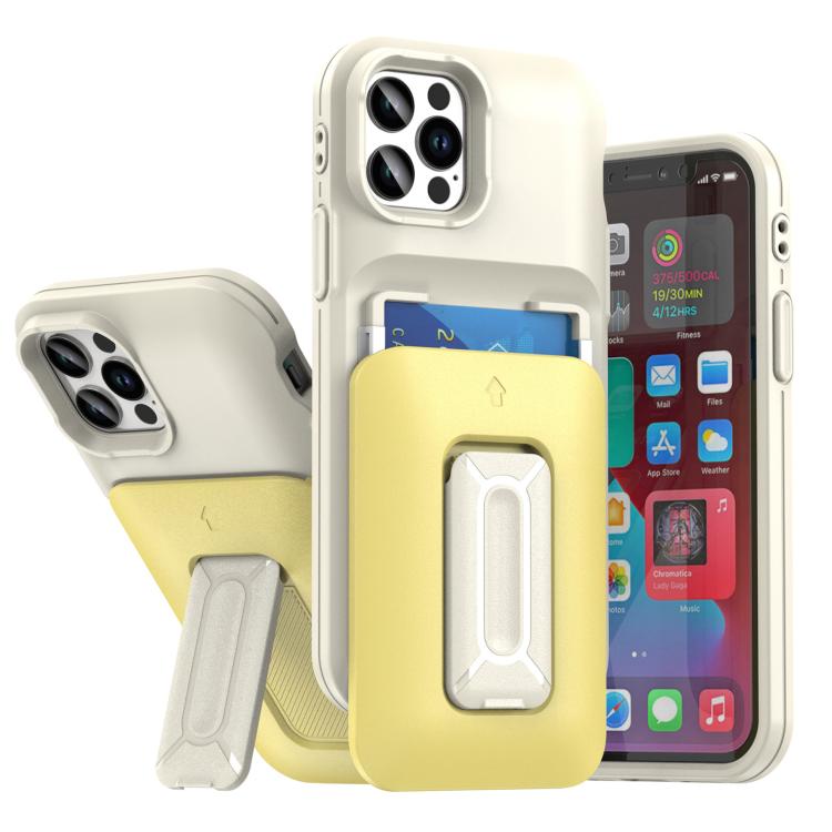 

For iPhone 12 / 12 Pro Sliding Card Holder Integrated Phone Case with Kickstand(Beige Yellow)