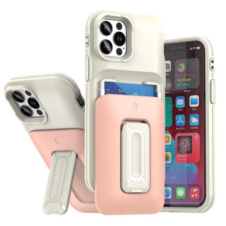 

For iPhone 12 / 12 Pro Sliding Card Holder Integrated Phone Case with Kickstand(Beige Pink)