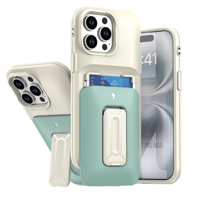 

For iPhone 12 Pro Max Sliding Card Holder Integrated Phone Case with Kickstand(Beige Green)