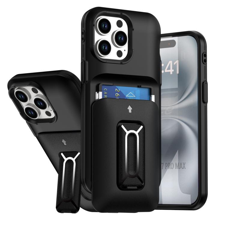 

For iPhone 12 Pro Max Sliding Card Holder Integrated Phone Case with Kickstand(Black)