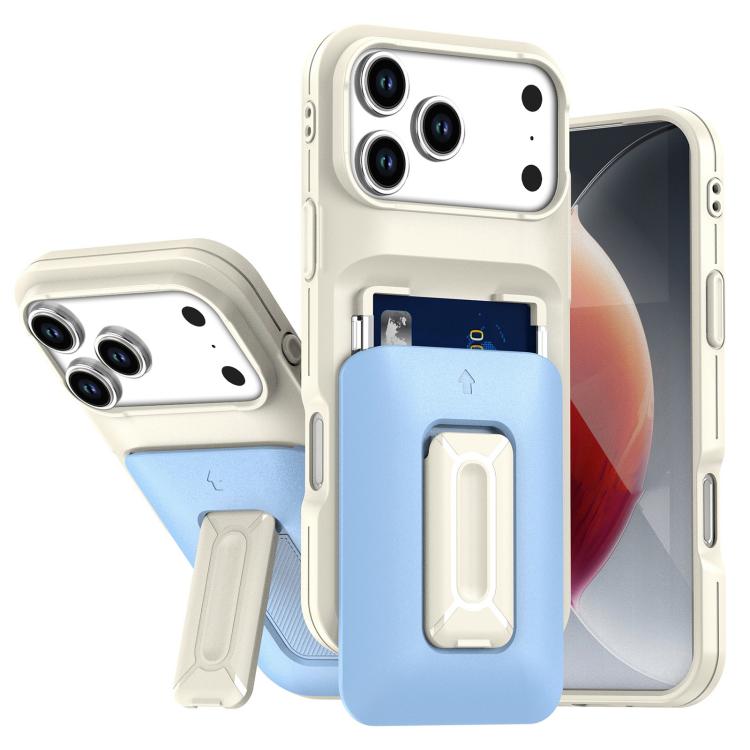 

For iPhone 17 Pro Max Sliding Card Holder Integrated Phone Case with Kickstand(Beige Blue)