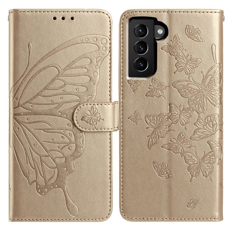 

For Samsung Galaxy S21 FE 5G Butterfly Flutter Pattern Embossed Leather Phone Case(Gold)