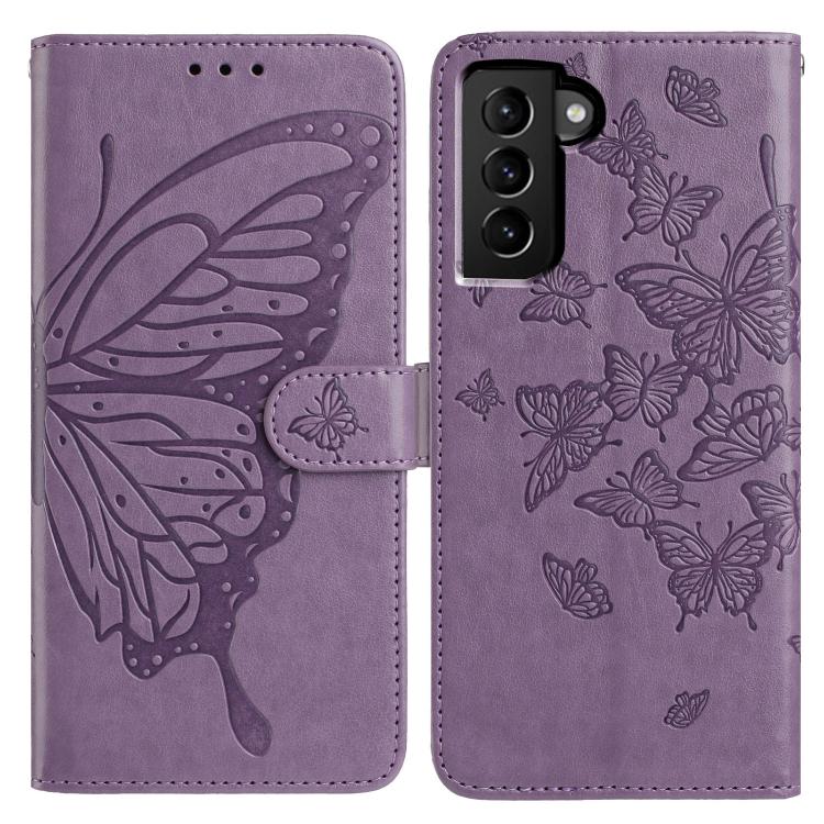 

For Samsung Galaxy S21 FE 5G Butterfly Flutter Pattern Embossed Leather Phone Case(Purple)